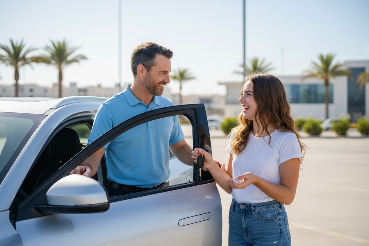 A smiling man hands car keys to a young woman standing next to a silver car in a sunny parking lot.