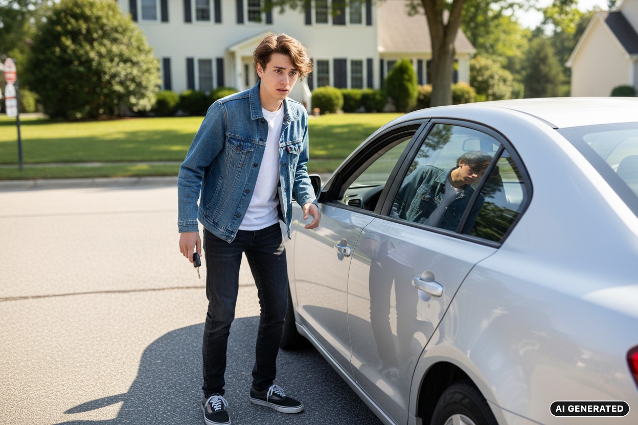 AI Generated: A young man in a denim jacket stands on a suburban street looking concerned while holding car keys next to a silver sedan.